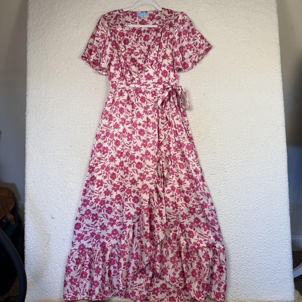 Draper James RSVP Pink Floral Flutter Sleeve Satin‎ Wrap Maxi Dress Small